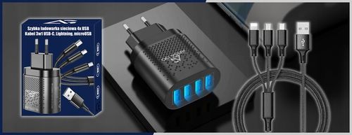 SZYBKA ŁADOWARKA DO TELEFONU KOSTKA 4X USB SZYBKIE ŁADOWANIE I KABEL 3W1 na Arena.pl