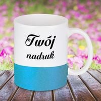 Biały kubek GLITTER z Twoim nadrukiem niebieski pasek