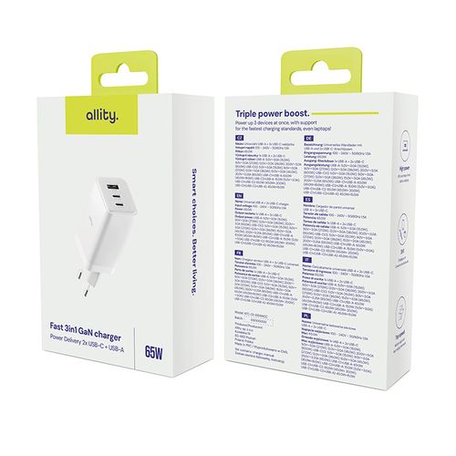 Allity ładowarka sieciowa GaN PD QC ATC-01-65WACC 2x USB-C + 1x USB-A 65W na Arena.pl