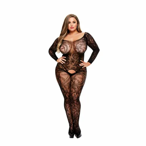 baci bodystocking longsleeve queen size z otwartą strefą, czarny na Arena.pl