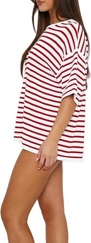 Damski Dres Dwuczęściowy w Paski Krótki Rękaw Szorty Czerwony Rozmiar L na Arena.pl