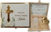 Pamiątka Komunii Świętej-PREZENT, pudełko. Różaniec i serduszko komplet