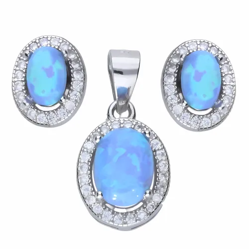 OWALNY RODOWANY SREBRNY KOMPLET NIEBIESKI BŁĘKITNY OPAL BIAŁE CYRKONIE OWAL na Arena.pl