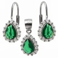 Elegancki rodowany srebrny komplet łezki krople szmaragdowe cyrkonie srebro