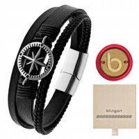 Bransoletka męska skórzana czarna róża wiatrów ze stali grawer BLINGART