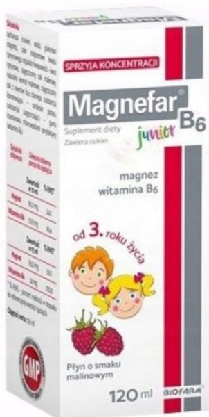 Magnefar B6 Junior Magnez Witamina B6 120 ml płyn o smaku malinowym zdjęcie 4