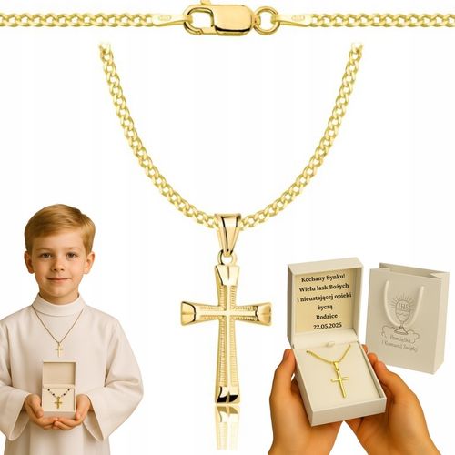 ZŁOTY ŁAŃCUSZEK NA CHRZEST CHRZCINY KRZYŻYKIEM PR 925 585 GRAWER PAMIĄTKA na Arena.pl