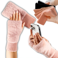 PLUSZOWE RĘKAWICZKI BEZ PALCÓW DAMSKIE MITENKI Z FUTERKIEM ZIMOWE RÓŻOWE