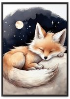 Plakat śpiący lisek pokój dziecka 21x30 cm w czarnej ramie