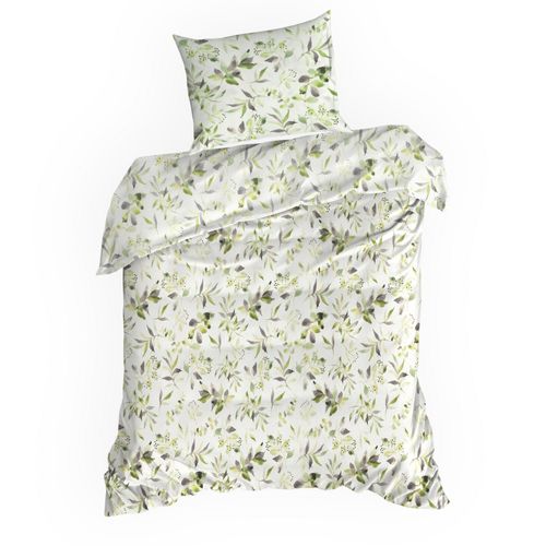 Pościel Mili 220x200 + 70x80 biało zielona liście naturalna bawełna na Arena.pl