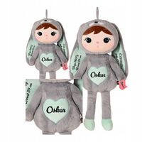 LALKA METOO KRÓLIK 50cm Z IMIENIEM PREZENT NA CHRZEST SZARO MIĘTOWY METRYKA