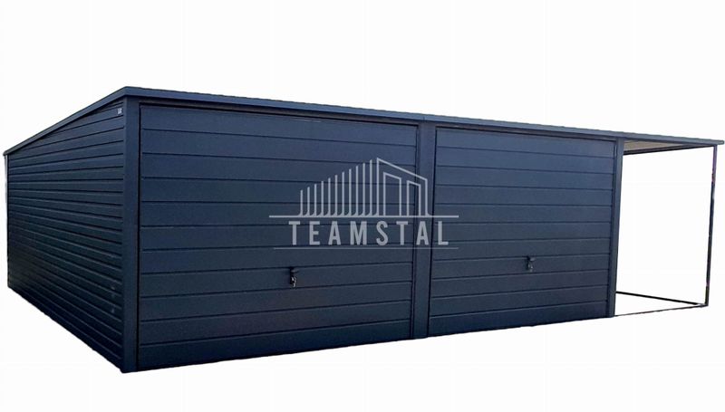 GARAŻ BLASZANY 6m x 5m poziom - spad tył 2x Brama uchylna - wiata - dodatkowe drzwi + antracyt BTX 7016 TS221 6x5 zdjęcie 1