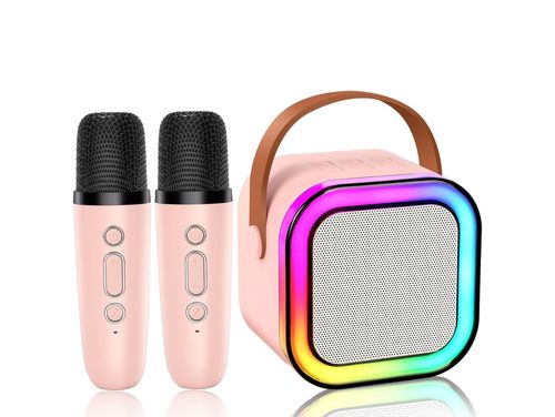 Mikrofon głośnik bezprzewodowy zestaw karaoke bluetooth 2 mikrofony różowy na Arena.pl