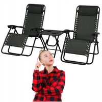 Leżaki ogrodowe zestaw 2 ze stolikiem czarne Leżak ogrodowy składany