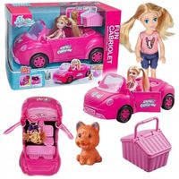 DUŻY KABRIOLET DLA LALEK RÓŻOWY + LALKA PIESEK AUTO SAMOCHÓD FIGURKI ZESTAW
