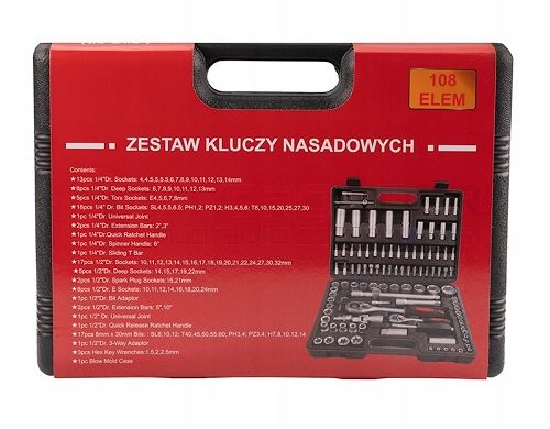 ZESTAW NARZĘDZIOWY KLUCZE NASADOWE 108 ELEMENTÓW NASADKI GRZECHOTKI 1/4 1/2 na Arena.pl
