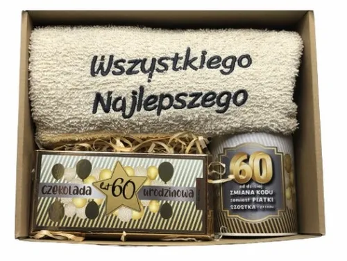 PREZENT NA URODZINY 18-70 Zestaw Kosz Prezentowy Ręcznik Kubek Czekolada na Arena.pl