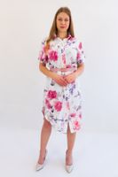 Biało-Różowa Sukienka Szmizjerka w Kwiaty z Paskiem 40