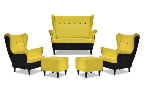 Zestaw wypoczynkowy ARI DUO sofa fotele pufy Family Meble czarno - żółty na Arena.pl