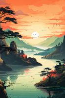 Plakat 20x30cm Zachodzące Słońce nad Spokojnym Jeziorem