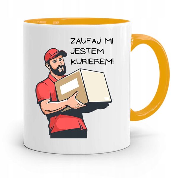 Kubek Żółty Dla Kuriera Zaufaj Mi Jestem Prezent Z Nadrukiem Ze Zdjęciem zdjęcie 1