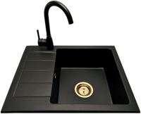 Zlewozmywak jednokomorowy z ociekaczem ADAL czarny z lewym ociekaczem + bateria złota LUNA