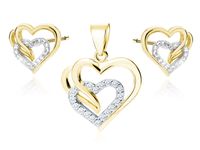 POZŁACANY SREBRNY KOMPLET POTRÓJNE SERCA SERDUSZKA BIAŁE CYRKONIE SREBRO