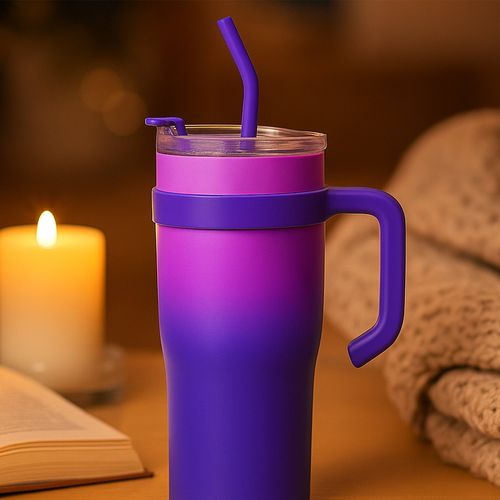 Kubek termiczny ze słomką z uchwytem na kawę herbatę 1200ml fioletowy na Arena.pl