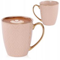 PORCELANOWY KUBEK NA KAWĘ HERBATĘ BEŻOWY ZDOBIONY ZE ZŁOTYM UCHEM 360ML