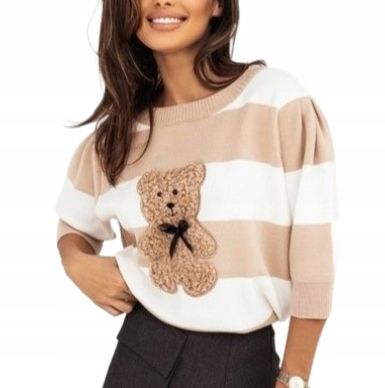 COCOMORE Sweter w Pasy MIŚ Bear Beżowy + Biały + Camel Nowość zdjęcie 1