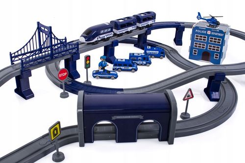 KOLEJKA ELEKTRYCZNA TORY POJAZDY MOSTY DOMKI POCIĄG WAGONY 92 elementów na Arena.pl