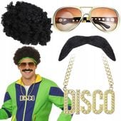 PERUKA AFRO NASZYJNIK ZŁOTY ŁAŃCUCH OKULARY RETRO GANGSTER DISCO 70 80