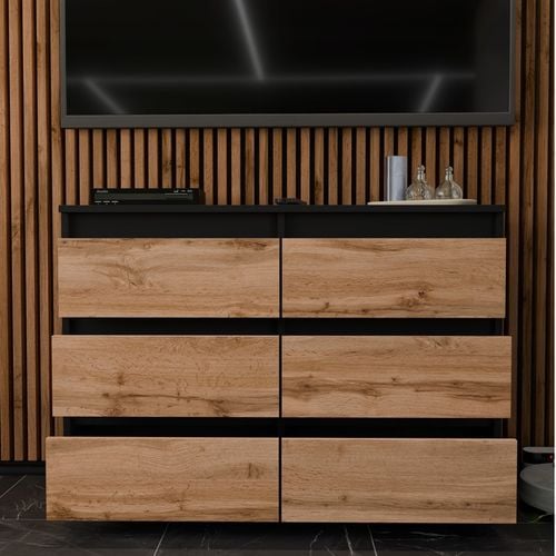 KOMODA Z 6 SZUFLADAMI 100 CM CZARNA DĄB WOTAN POJEMNA SZAFKA RTV LOFT na Arena.pl