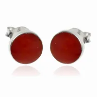 DELIKATNE OKRĄGŁE SREBRNE KOLCZYKI KÓŁKA 7MM WKRĘTKI CZERWONY KORAL SREBRO