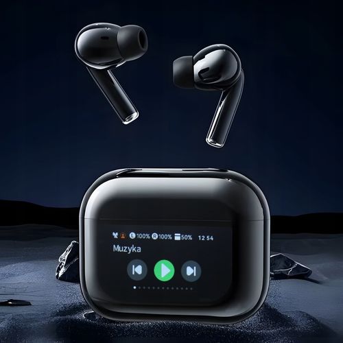 Słuchawki Bezprzewodowe Douszne PRO Lekkie ANC Mikrofon Czarne Wyświetlacz na Arena.pl