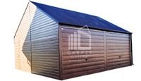 GARAŻ BLASZANY 6m x 6m poziom - dwuspad 2x Brama uchylna + drzwi - ciemny orzech drewnopodobny