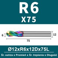 Frez kulowy, kula 2-ostrzowy VHM powłoka DLC Rozmiar: Ø12.0xR6x12Dx75L
