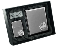 Zestaw Prezentowy: Zapalniczka Benzynowa z Papierośnicą z Grawerem Karty