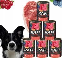 karma mokra dla psów rafi z wołowiną, borówką i żurawiną 400g - 6 szt.