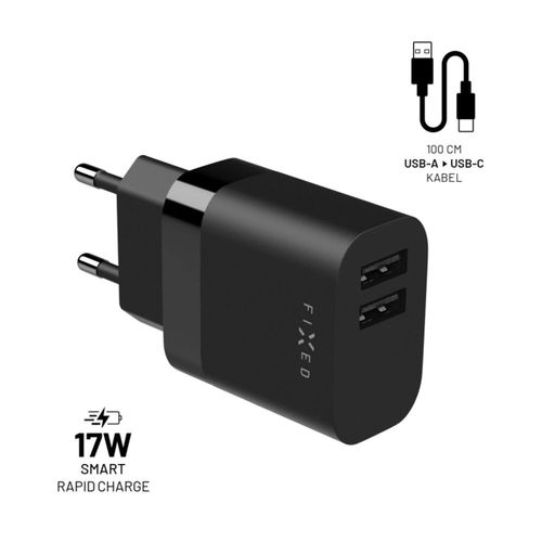 Ladowarka FIXED Ładowarka sieciowa 17W 2xUSB-A + kabel USB-C 1m czarny na Arena.pl