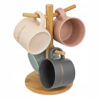 KUBKI DO KAWY KOLOROWE PORCELANOWE ZESTAW NA DREWNIANYM STOJAKU BELLE 200ml