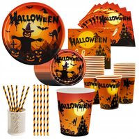 DUŻY ZESTAW TALERZYKI KUBECZKI SERWETKI SŁOMKI HALLOWEEN DYNIA ZASTAWA 96el