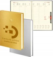 PLANER Z TWOIM LOGO grawerem tyg. kalendarz A5 złoty srebrny 2026 50 sztuk