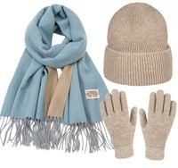 KOMPLET ZESTAW DAMSKI CZAPKA SZALIK SZAL RĘKAWICZKI ZIMOWY NIEBIESKI BEŻOWY