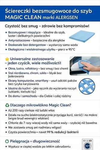 Magic Clean Ściereczki Bezsmugowe do Szyb, Luster, Szkła Czystość Bez Smug na Arena.pl