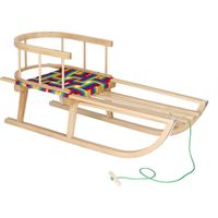 Sanki z oparciem drewniane dla dzieci z materiałowymi pasami