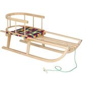 Sanki z oparciem drewniane dla dzieci z materiałowymi pasami