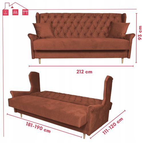 Wersalka uszak welurowa SOFA 3osobowa rozkładana GAJA brązowa na Arena.pl