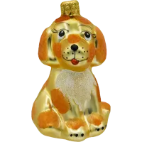 Bombka choinkowa szklana: Złoty piesek z rudymi łatkami