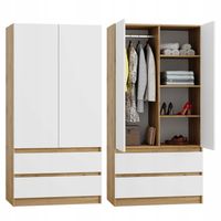 SZAFA DĄB WOTAN BIAŁA GARDEROBA DUŻA NA UBRANIA OTWIERANA 2 SZUFLADY